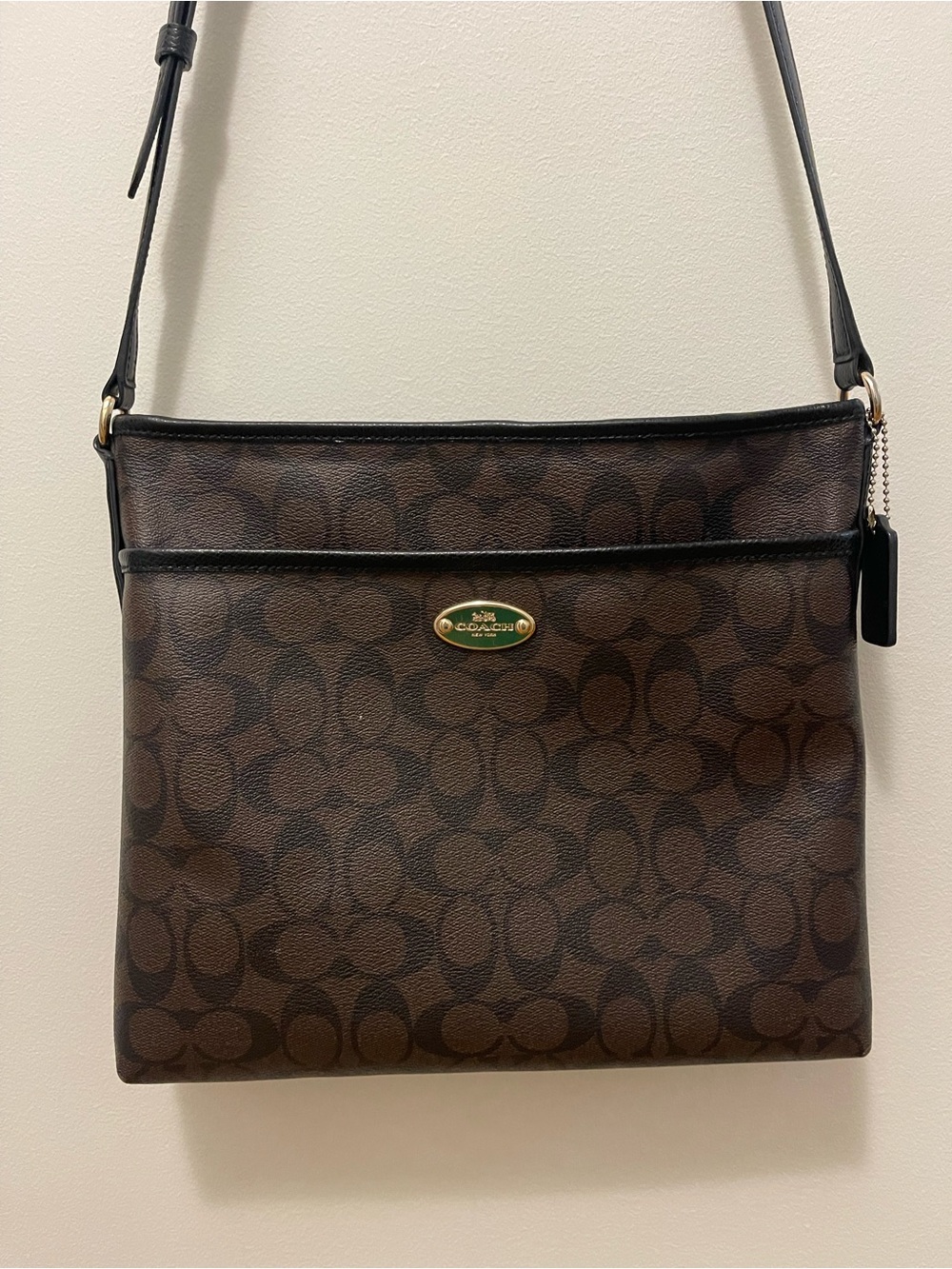 Coach Brown Signature Canvas Crossbody Bag with Black Trim